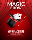 Magic Show poster design template. Magic show flyer design with magic hat and curtains Royalty Free Stock Photo