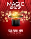 Magic Show poster design template. Magic show flyer design with magic hat and curtains Royalty Free Stock Photo