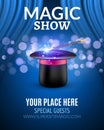 Magic Show poster design template. Magic show flyer design with magic hat and curtains
