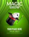 Magic Show poster design template. Magic show flyer design with magic hat and curtains Royalty Free Stock Photo
