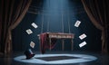 Magic Show Stage with Levitating Table Deck of Cards and Top Hat in Spotlight Illusion Pixelated Art Style Nostalgic Retro Digital Royalty Free Stock Photo