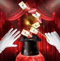 Magic show trick with cards flying out black hat Royalty Free Stock Photo
