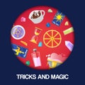 Magic show, tricks performance, circus background banner vector illustration. Accessories for magician, prestidigitator