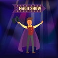 Magic show vector illustration. Wizard magical illusionist shows tricks on violet magic background. Circus magician