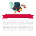 Magic show vector poster design of magician trick equipment hat, wand and cards