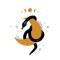 Magic snake in boho style with moon. Mystical symbol in a trendy minimalist style. Esoteric vector illustration Royalty Free Stock Photo