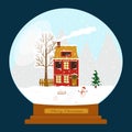 Magic snow globe on a blue background. Crystal ball with trees and a house, with a snowy Christmas tree, falling snow Royalty Free Stock Photo