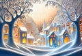 Magic snowy winterland with fairy houses and fantasy winter landscape