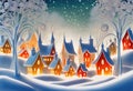 Magic snowy winterland with fairy houses and fantasy winter landscape