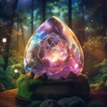 Magic sorcerer's stone with symbols on it on forest background with bokeh lights