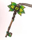 Magic spring key with green leaves