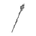 Magic staff or stick with crystal ball. Antique esoteric weapon for wizardry and witchcraft. Black and white