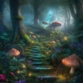 Magic stairs in fairytale forest with trees, mushrooms, flowers Coniferous forest covered with green moss, mystic
