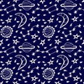 Magic starry night with constellations and planets. Cute seamless vector pattern. Royalty Free Stock Photo