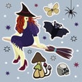 Magic sticker set. Young witch, bat, butterfly, spider, toxic mushrooms and skull surrounded with stars Royalty Free Stock Photo