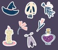Magic stickers for Halloween. Set of stickers, patches in cartoon style. Witch hat, skull, flowers, potion, moth, candle, bunch Royalty Free Stock Photo