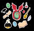 Magic stickers. I love magic. Witchcraft omens. Mystic. Magic wand, talking hat, parchment and dragon. Dragon eggs