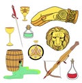 Magic stickers. Wild fire, crossbow, old scroll. The head of a golden lion and the sign of the right hand. Great house symbols