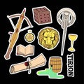 Magic stickers. Wild fire, crossbow, old scroll. The head of a golden lion and the sign of the right hand. Great house symbols Royalty Free Stock Photo