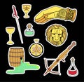 Magic stickers. Wild fire, crossbow, old scroll. The head of a golden lion and the sign of the right hand. Great house symbols Royalty Free Stock Photo