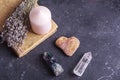 Magic still life with fluorite, quartz crystal and pink candle. Magic rocks for mystic ritual, witchcraft Wiccan or spiritual