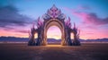 Magic Stone Gate In Desert Landscape, Abstract Strange Crystal Portal In Desert. Generative AI Royalty Free Stock Photo