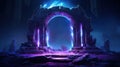 Magic Stone Gate With Neon Glowing Light Amidst Cosmic Landscape, Abstract Futuristic Neon Portal. Generative AI