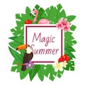 Magic summer background. Beach design, jungle banner vector illustration. Pink flamingo and tropical palm tree leaves