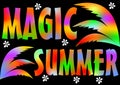 Magic Summer Beach Party. Magic Summer vacation and travel. Vivid poster colorful background with palm leaves. Music