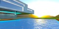 Magic sunrise behind the mountains. View from the pool surface. The territory of the elite contemporary villa. 3d rendering