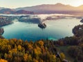 Magic sunrise over foggy Blad lake and castle,Slovenia Royalty Free Stock Photo