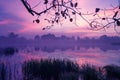 Magic sunrise over the lake. Misty early morning Royalty Free Stock Photo