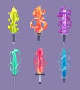 Magic sword. Game weapons in fairytale colored flame exact vector pictures set