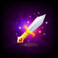 Magic sword with golden hilt with red gemstone slot machine icon, game design, vector illustration.