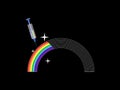 A magic syringe with magical liquid fills an empty container in the shape of a rainbow, against a black background. Vector