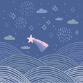 magic tale card banner design abstract scales comet, night sky, clouds and stars, simple Nature doodle lines scandinavian style Royalty Free Stock Photo