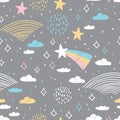 magic tale seamless pattern abstract scales, rain, sky clouds stars, simple Nature doodle lines scandinavian style. Nursery decor