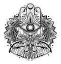 Magic Talisman religion Asian. Black color graphic in white background. Butterfly moth mandala illustration