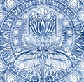 Magic Talisman religion Asian. Blue color graphic in white background. Butterfly moth mandala illustration