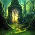 Magic teleport portal in mystic fairy tale forest. Gate to parallel fantasy surreal world