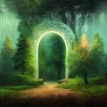 Magic teleport portal in mystic fairy tale forest. Gate to parallel fantasy surreal world