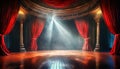 Magic Theater Stage with Red Curtains and Show Spotlight on Floor - Generative Ai Royalty Free Stock Photo