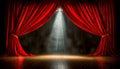 Magic Theater Stage with Red Curtains and Show Spotlight on Floor - Generative Ai Royalty Free Stock Photo