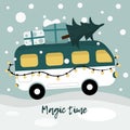 Winter card with bus about magic time Royalty Free Stock Photo