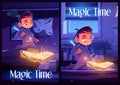 Magic time flyers with boy with spell book