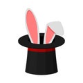 Magic top hat with rabbit ears isolated on white background, magician shows a trick. Entertainment party or beautiful Royalty Free Stock Photo