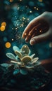 Magic Touch, Plant Care Close-up Hand Dusting Potted Plant, Sparkling Texture, Blurred Background Royalty Free Stock Photo