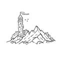 Magic tower in mountains. Medieval fortress or castle. Illustration for fairy tale and book. Outline cartoon design