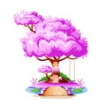 Magic house with a swing in a tree with pink leaves