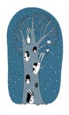Magic Tree, rabbits, owl, dog and mouse. Winter landscape.